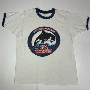 Vtg Sea World Orlando Florida Shirt 1970's Graphic Tee Ringer Whale Sz S ? Flaw
